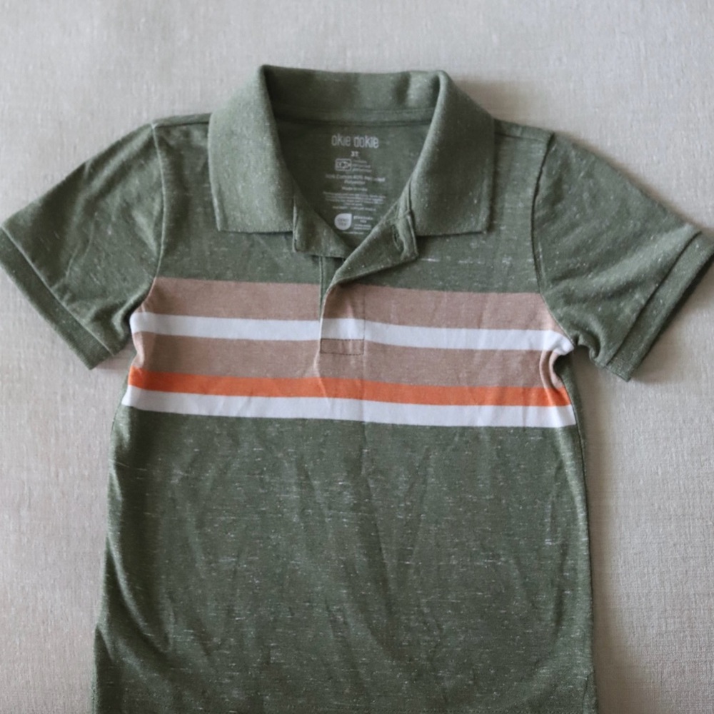 Olive Green Striped Kids Polo Shirt